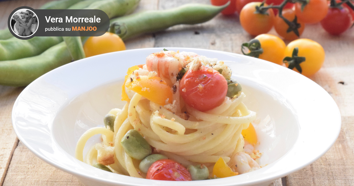 Spaghettone con gamberi fave e pomodorini gialli - Manjoo