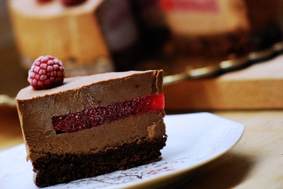 Mousse al cioccolato fondente, zenzero e lamponi